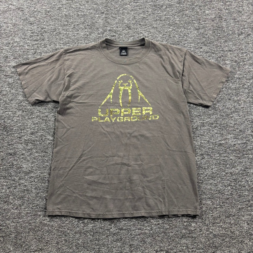 Y2K 2000s Upper Playground Camo‎ Walrus Logo Graphic Grey T-Shirt Size Large
